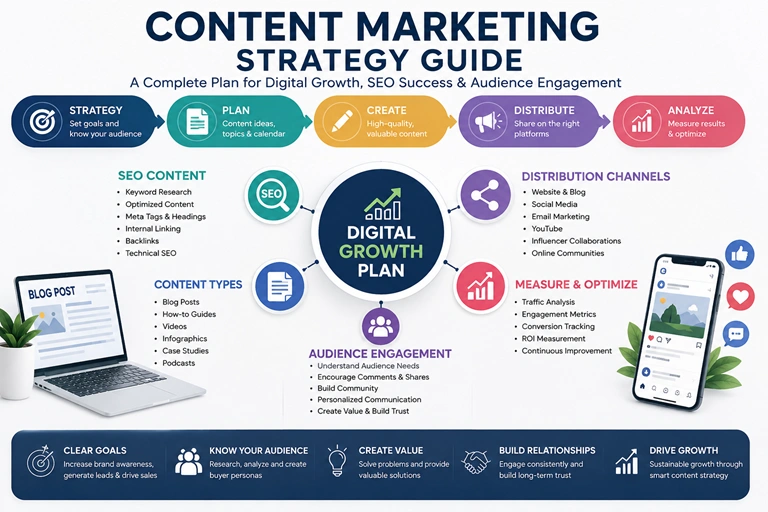 Content marketing strategy guide showing a digital growth plan, SEO content and audience engagement