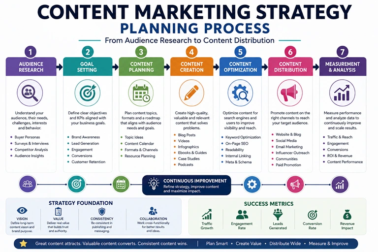 Content marketing strategy planning process from audience research to content distribution