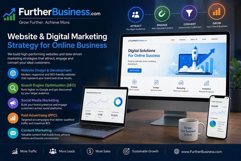 FurtherBusiness com Website and Digital Marketing Strategy for an Online BusinessFurtherBusiness.com website and digital marketing strategies designed to help online businesses attract customers and grow.