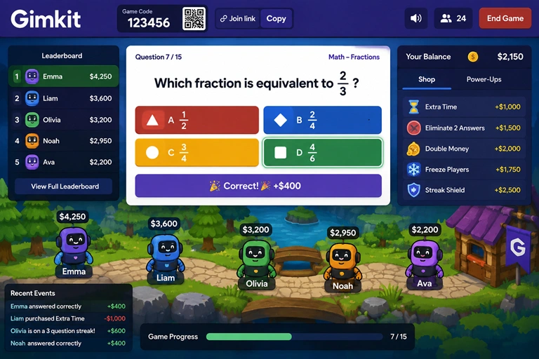 Gimkit game screen showing students answering questions and earning rewards