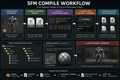 SFM compile workflow showing Blender model converted into a Source Filmmaker asset