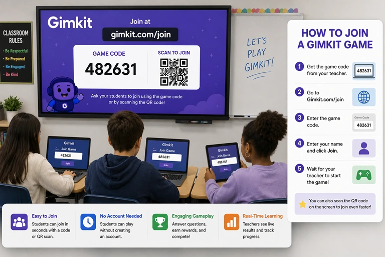 Students joining a Gimkit game using a game code or QR code