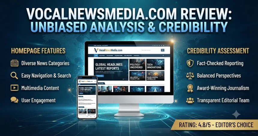 VocalNewsMedia com review showing the website homepage and credibility assessment